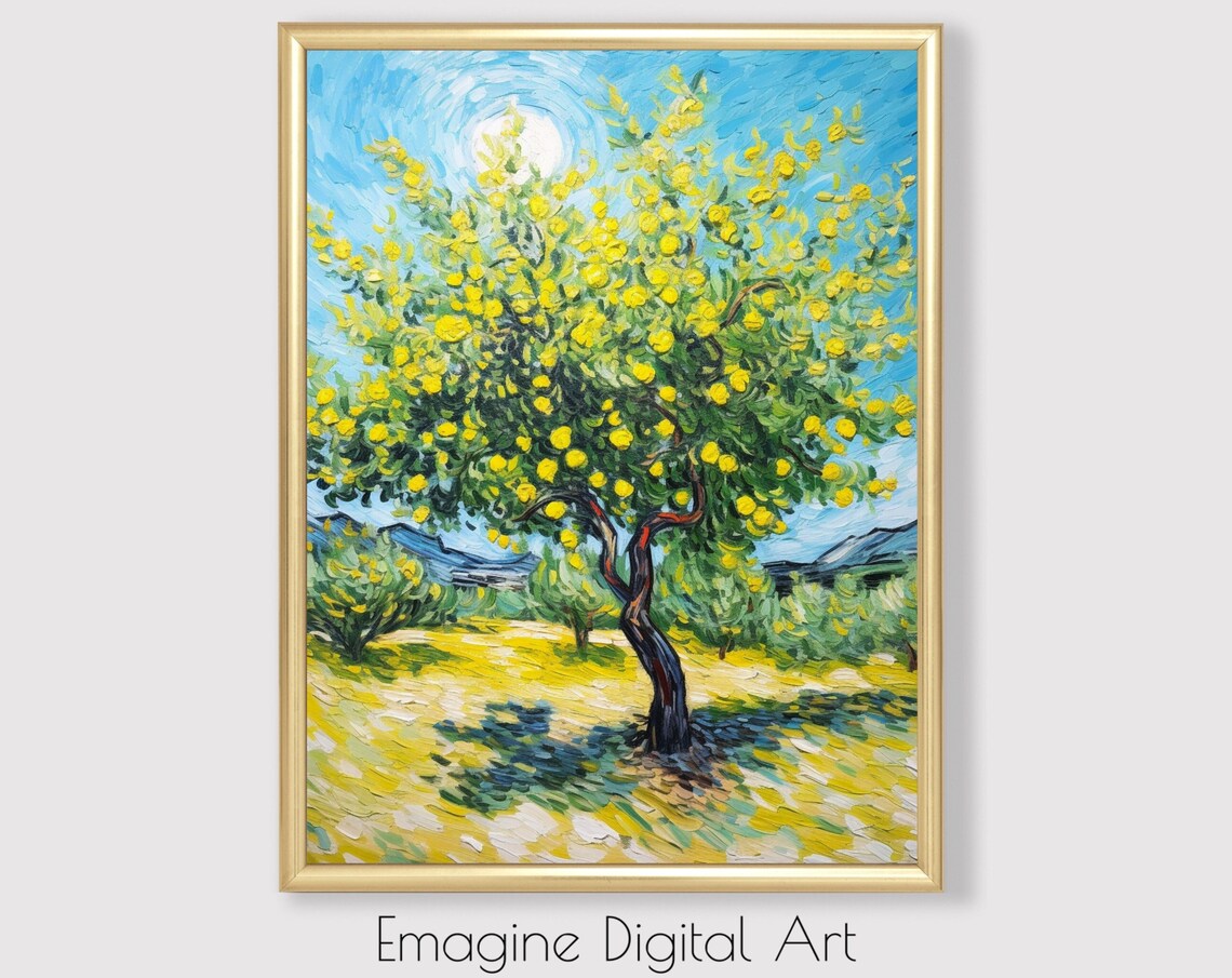 Lemon Tree Impressionist Orchard Yellow Fruit Swirling Sky Painting Poster