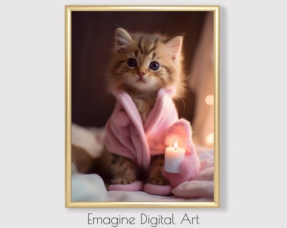 Cute Kitten in Pink Bathrobe Holding Candle Kids Room Art Poster