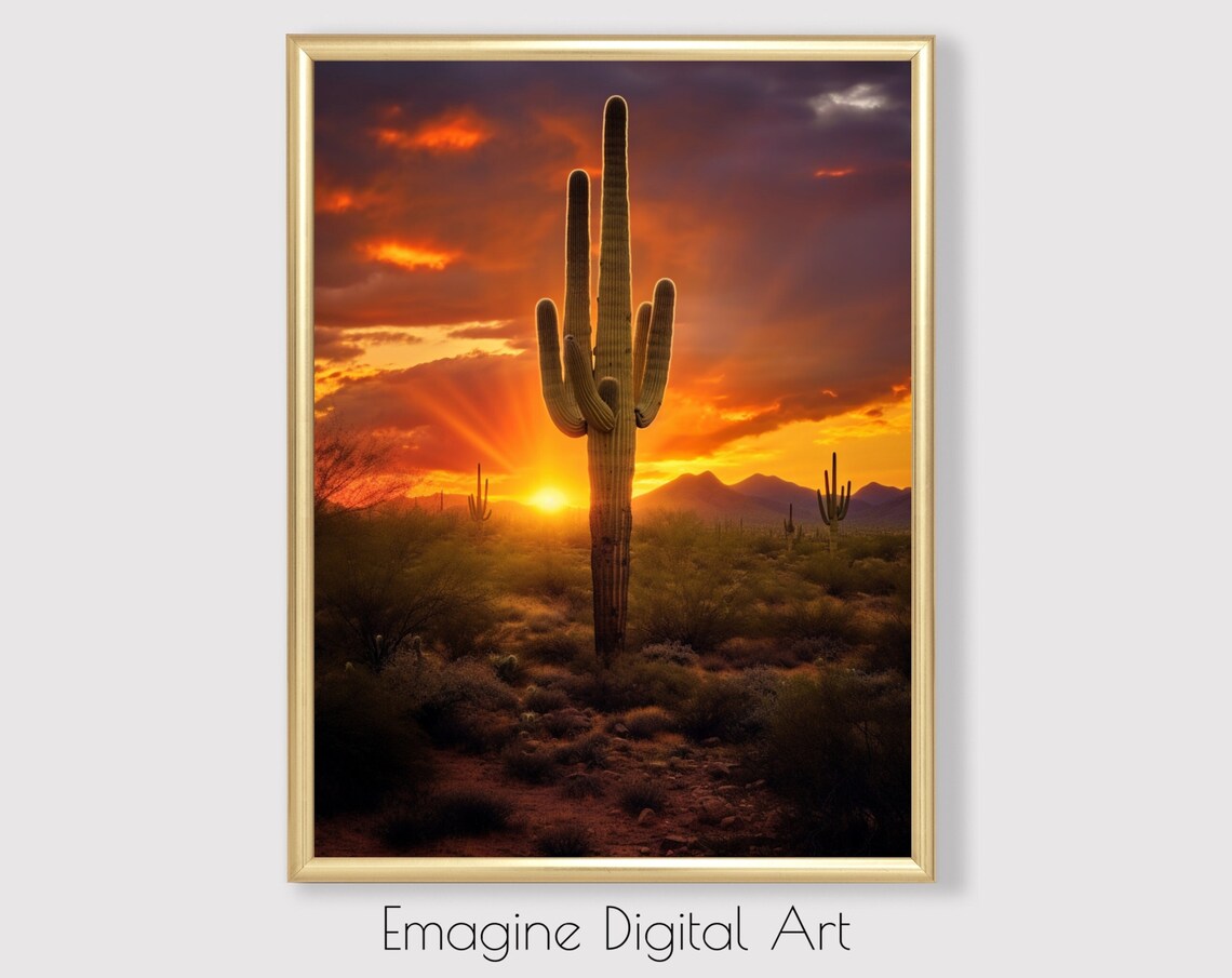 Golden Saguaro Cactus Desert Sunset Vibrant Southwest Art Poster