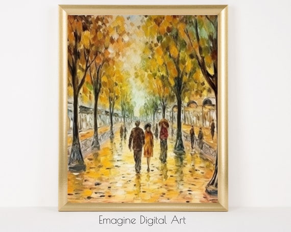 Art Soft Colorful Impressionist Painting Of A Parisian Promenade In Autumn Instantly Print And Frame Pl01