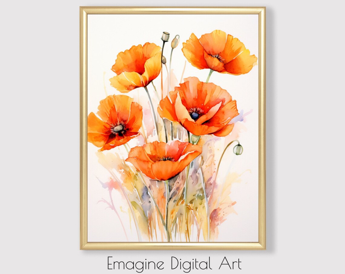 Orange Poppies Watercolor Painting Bright Floral Botanical Art Poster