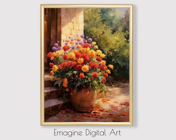 Autumn Flower Pot Oil Painting Vibrant Floral Still Life Poster