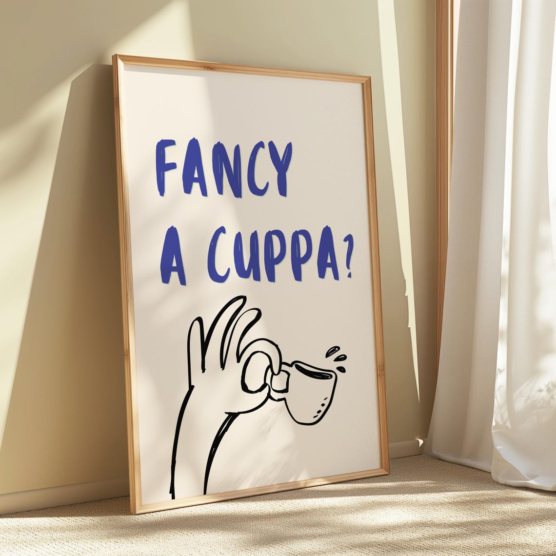 Fancy A Cuppa Funny British Tea Quote Blue Kitchen Decor Poster