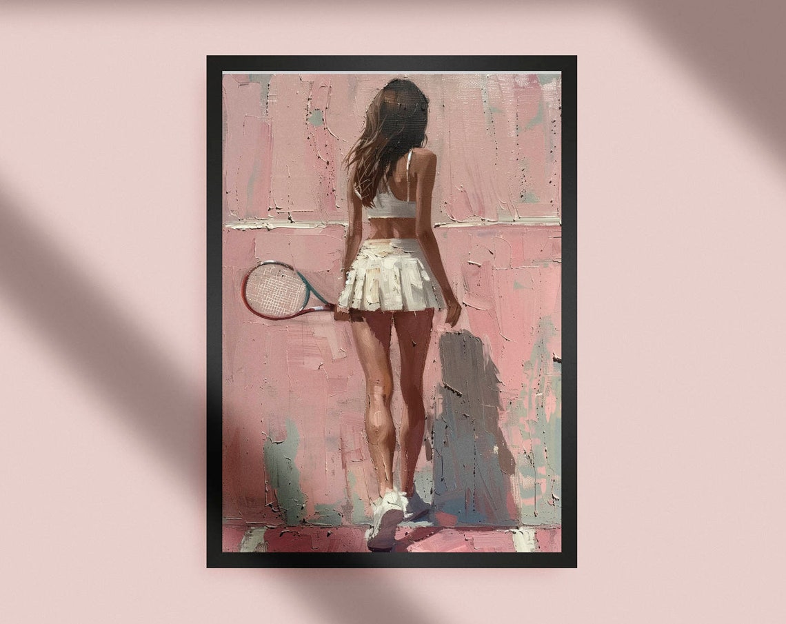 Tennis Girl Preppy Pink Vintage Oil Painting Coquette Wall Art Feminine Decor Room Poster Print