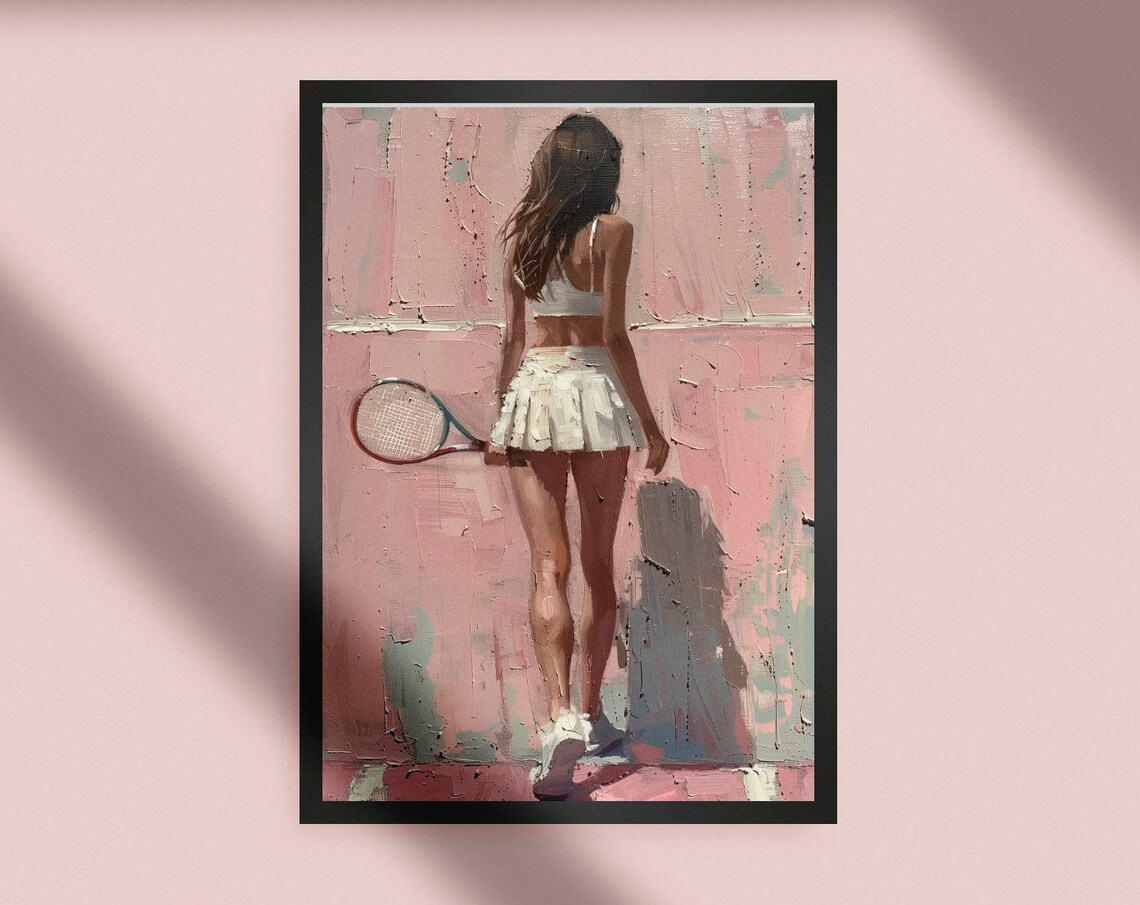 Tennis Player From Behind On Pink Court Sports Painting Poster