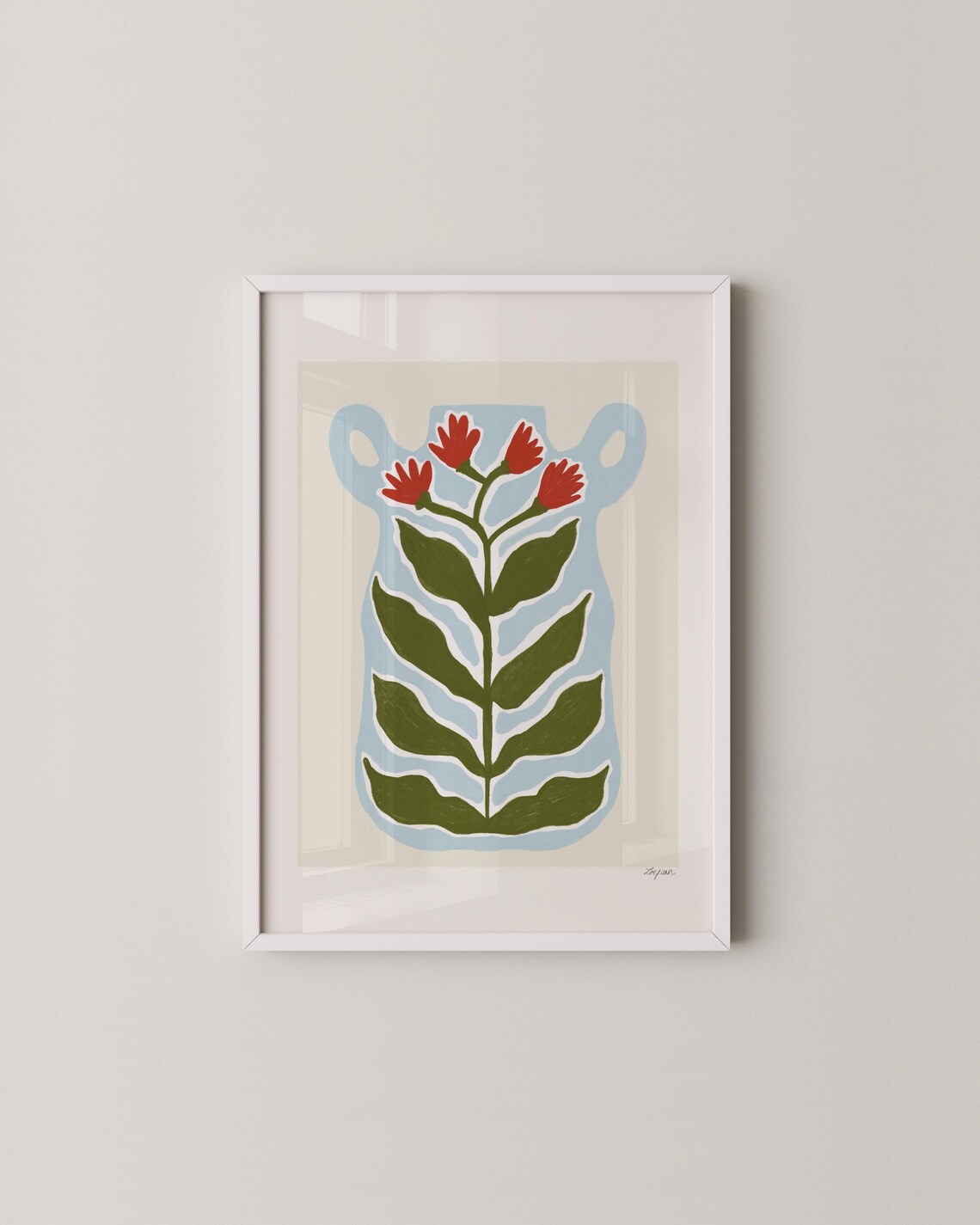 Red Flowers In Blue Vase Folk Botanical Art Illustration Poster