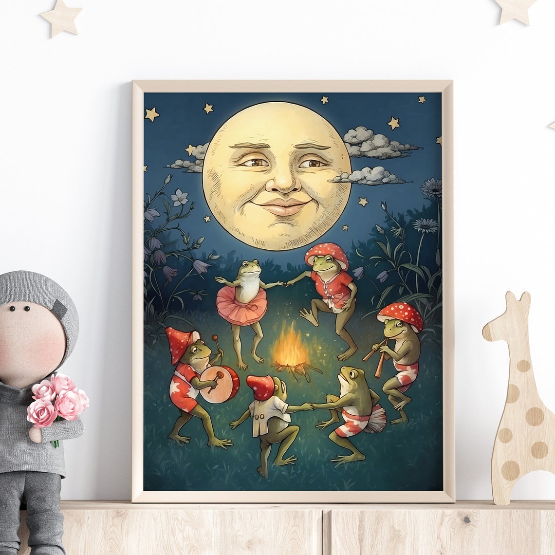 Dancing Frogs Under Full Moon Vintage Fairy Tale Nursery Art Poster