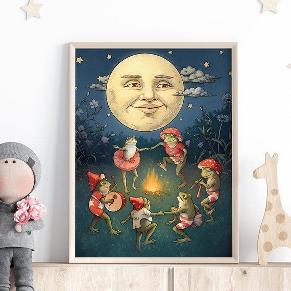 Dancing Frogs Under Full Moon Vintage Illustration Nursery Fine Art Print