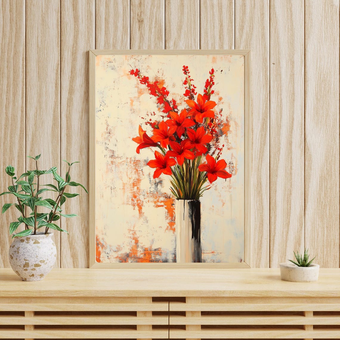 Bold Red Trumpet Flowers in Modern Vase Abstract Floral Poster - Image 3