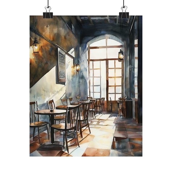 Empty Coffee Shop Watercolor Before Opening Cafe Print Quiet Cafe Interior Decor Morning Sunlight Art Cafe Lover Wall Art