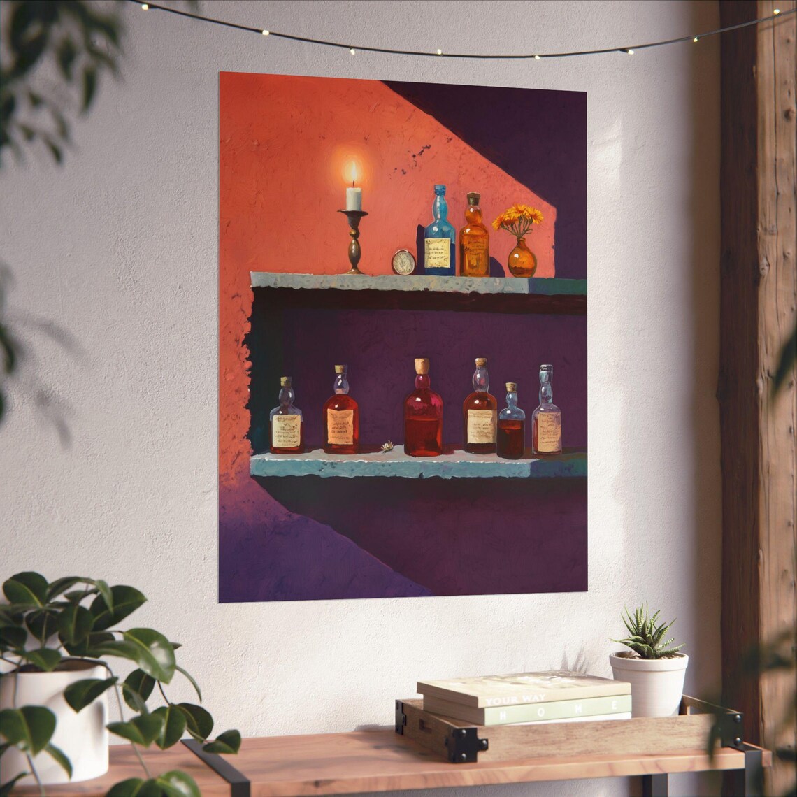 Mezcal Bar Still Life Candlelight Spirit Bottles Painting Poster - Image 3