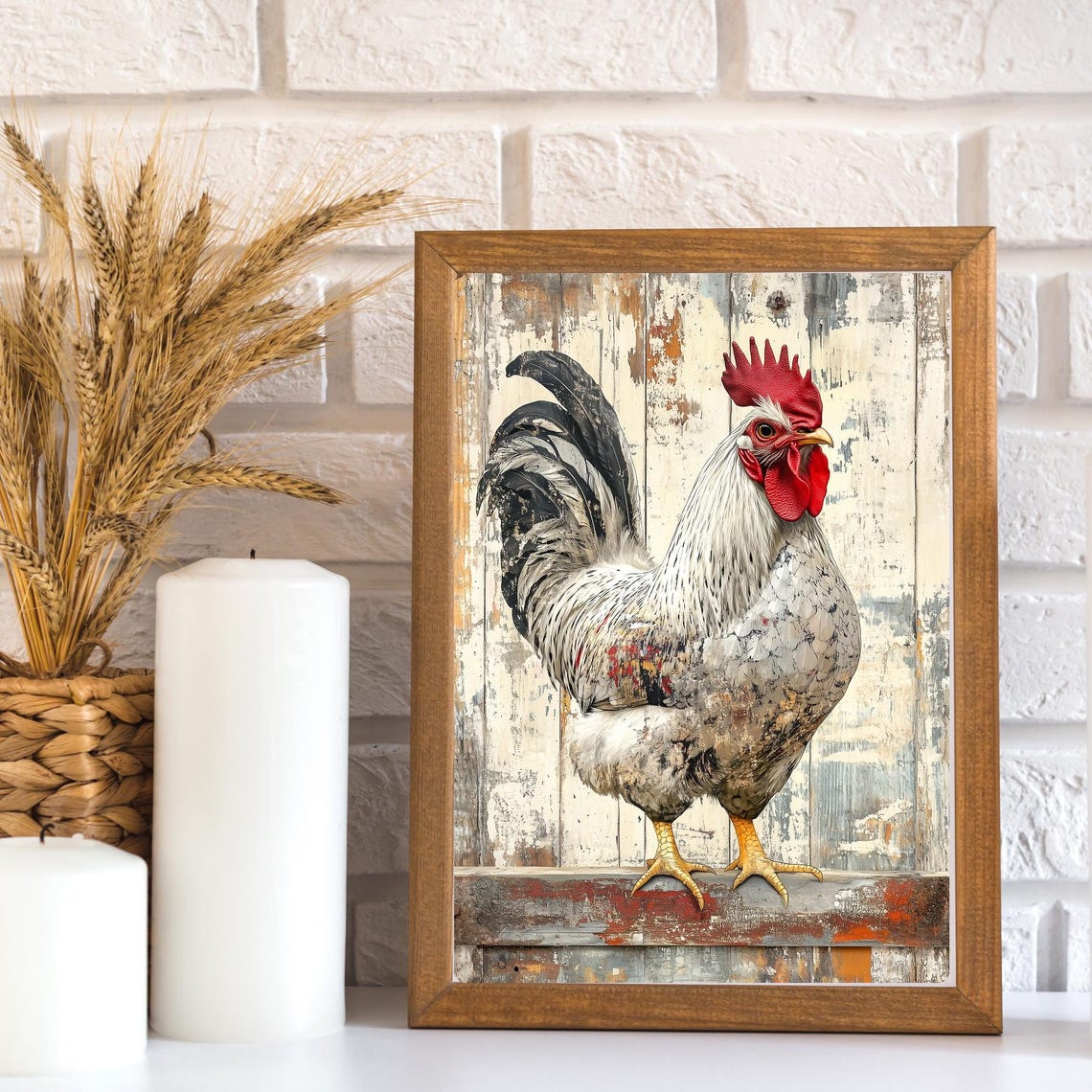 Rustic White Rooster Portrait on Distressed Barn Wood Poster - Image 3