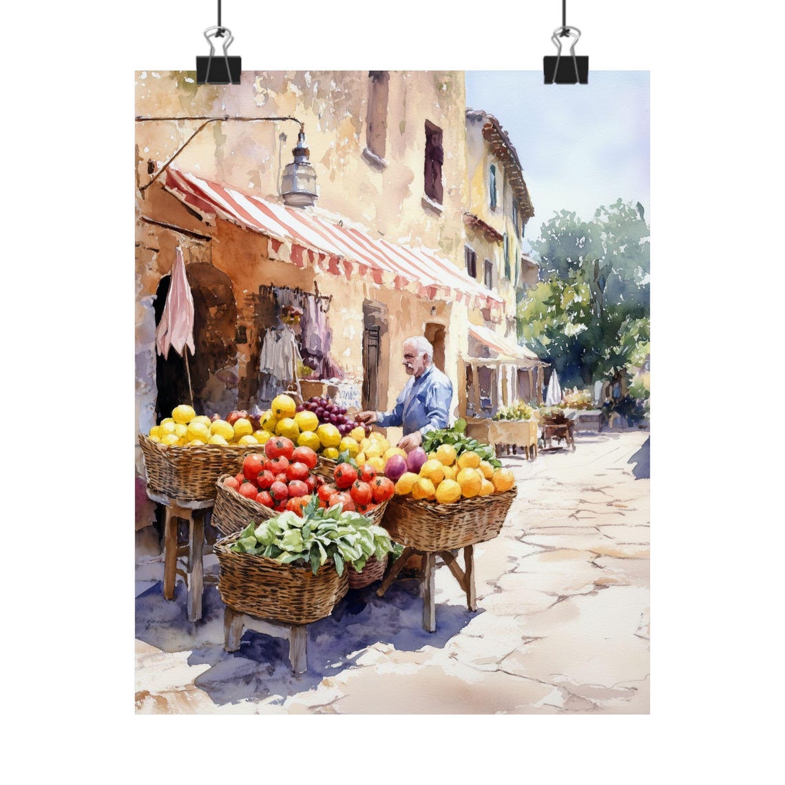 Italian Street Fruit Market Fresh Produce Baskets Watercolor Poster