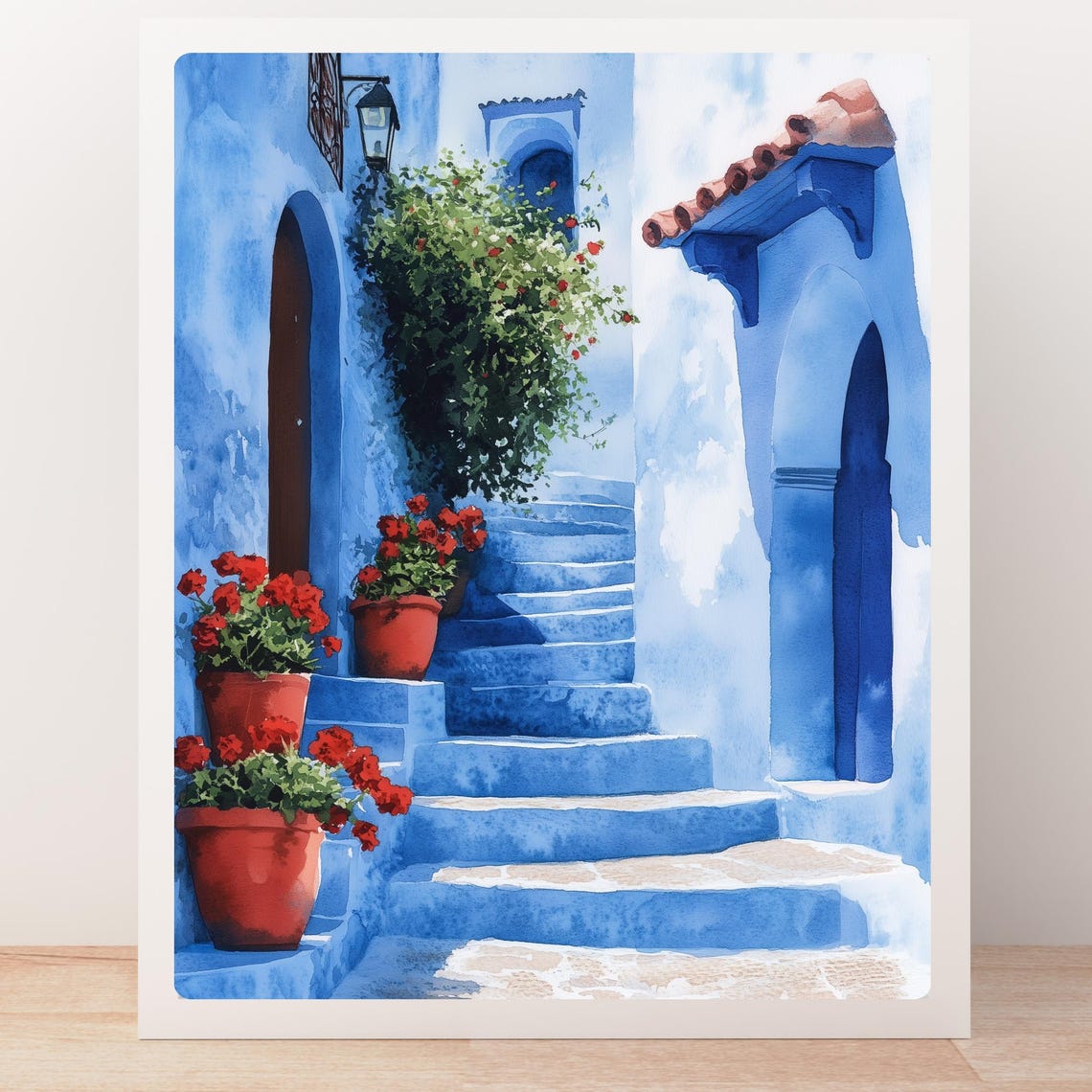 Chefchaouen Blue City Stairs with Red Flowers Watercolor Poster - Image 5