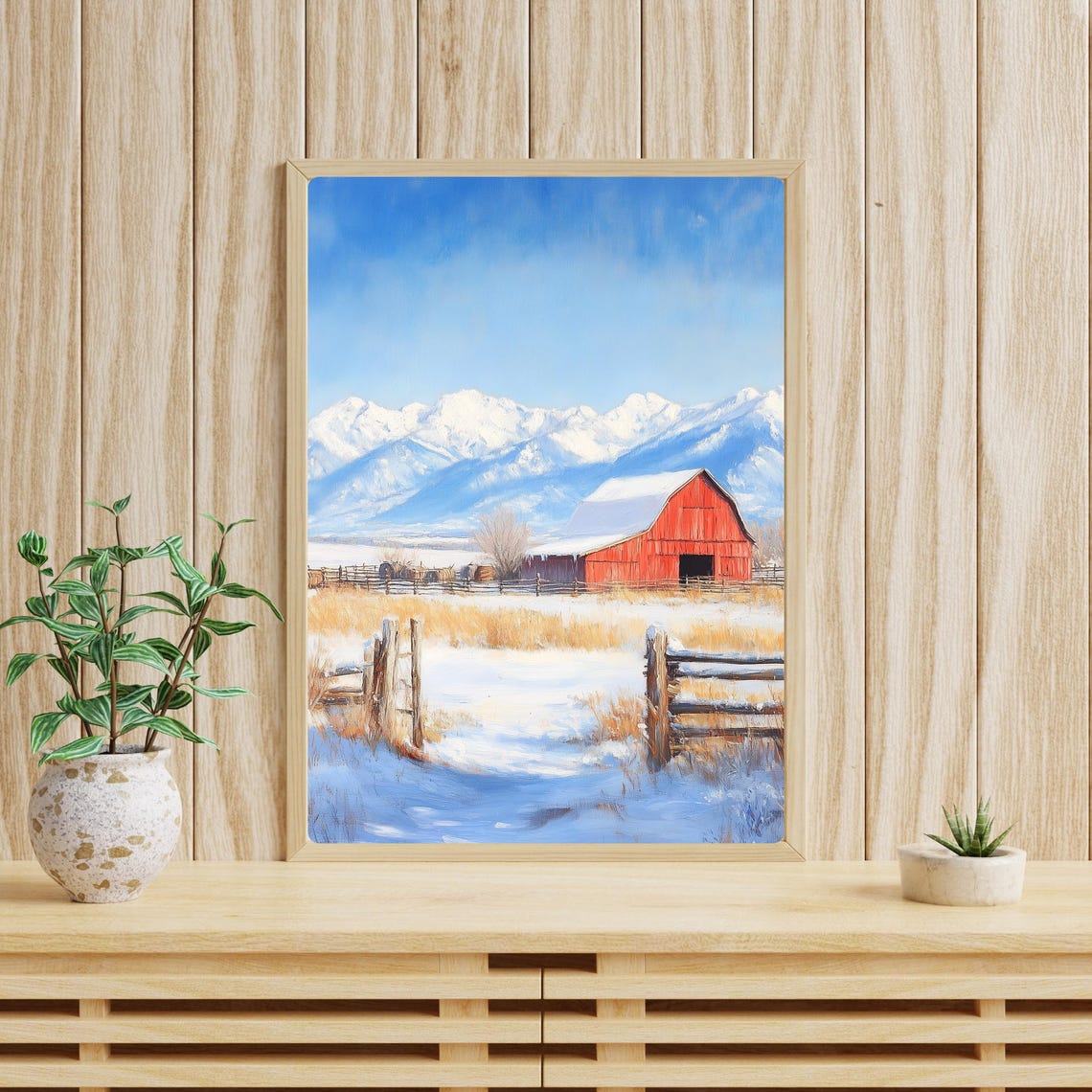 Red Barn in Winter Snow Snowcapped Mountains Wooden Fences Poster - Image 3