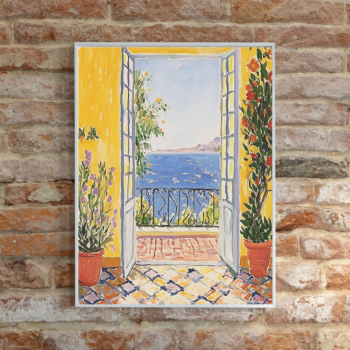 Sunlit Yellow Balcony Doors Opening to the Mediterranean Sea Poster - Image 6