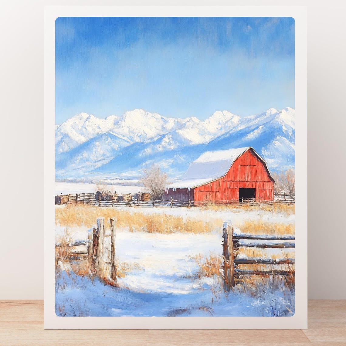 Red Barn in Winter Snow Snowcapped Mountains Wooden Fences Poster - Image 4