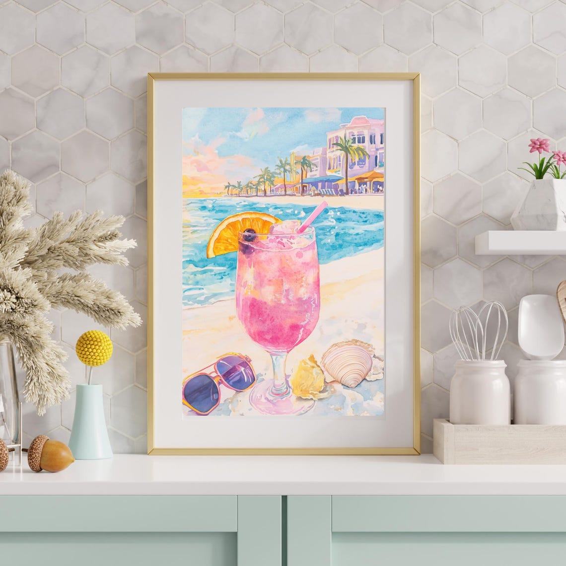 Pink Rum Runner Cocktail on a Sunny Beachfront Resort Poster - Image 4