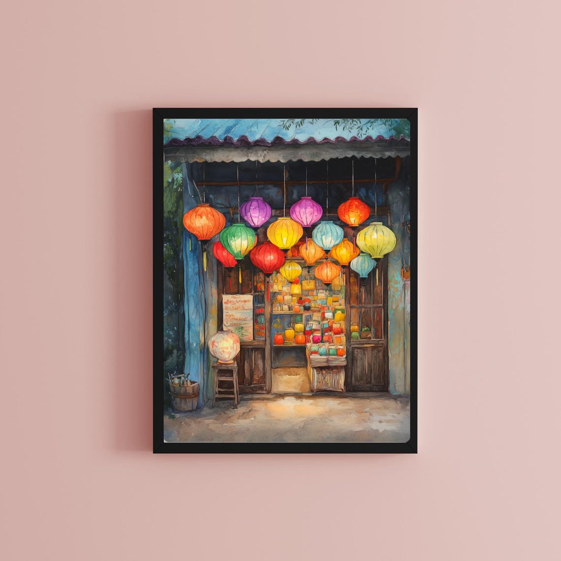 Vietnamese Lantern Shop Colorful Silk Lanterns Watercolor Poster - Image 2