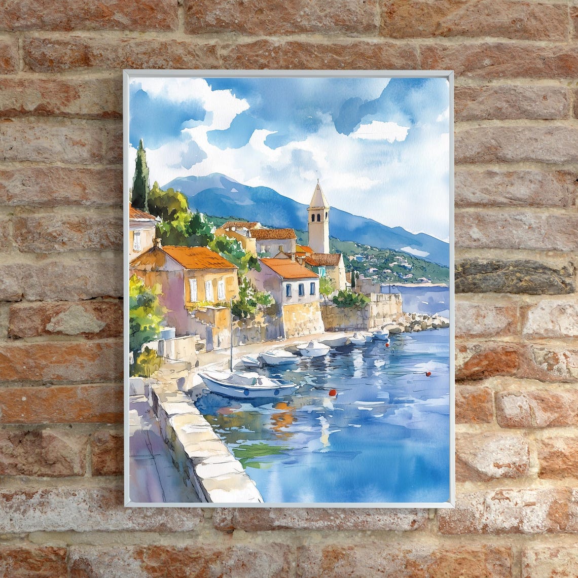 Croatian Coastal Town Harbor with Bell Tower Watercolor Poster - Image 6