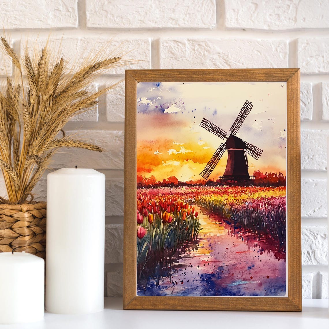 Dutch Windmill Sunset Over Colorful Tulip Fields Watercolor Poster - Image 3
