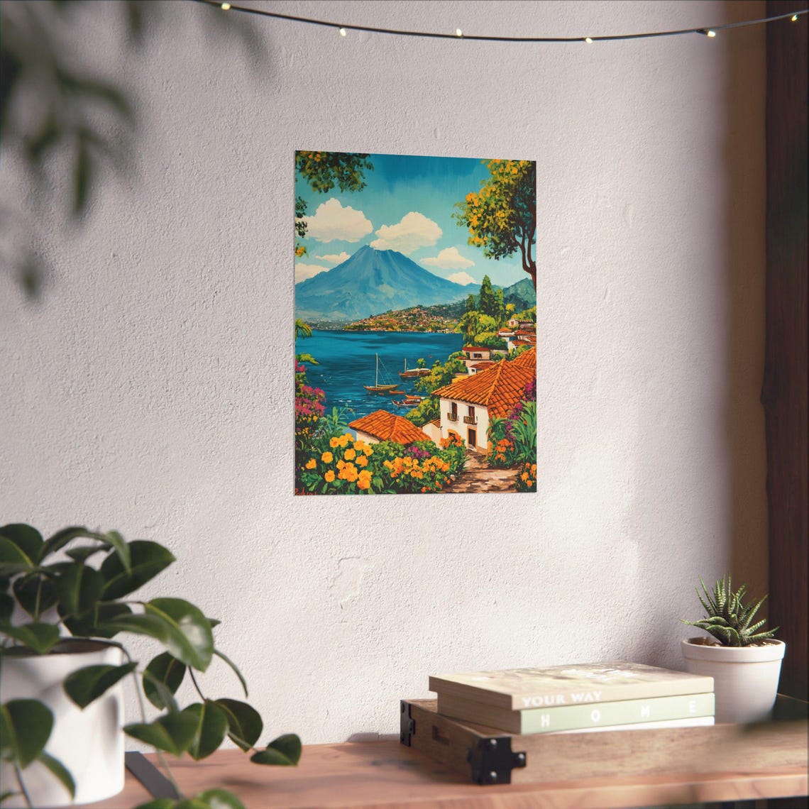 Lake Atitln Gouache Vertical Poster Guatemala Art Print Volcano Landscape Wall Art Mayan Village Decor Lake Atitln Painting - Image 2