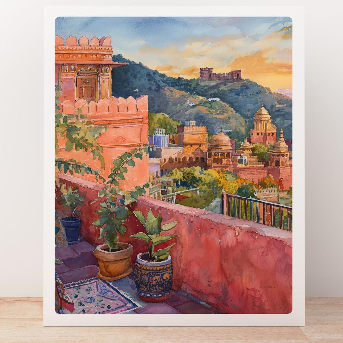 Jaipur Pink City Rooftop Terrace Amber Fort Watercolor Poster - Image 5