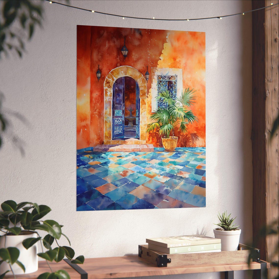 Moroccan Courtyard Terracotta Walls Blue Tiles Arched Door Poster - Image 6