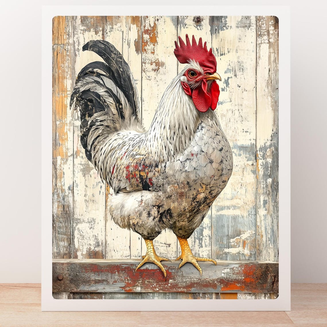 Rustic White Rooster Portrait on Distressed Barn Wood Poster - Image 5