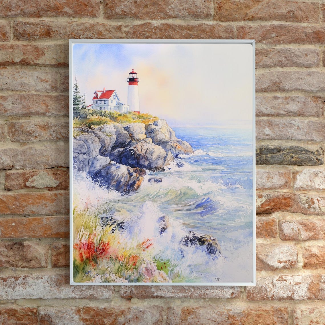Maine Lighthouse Waves Crashing Rocky Coast Watercolor Poster - Image 6