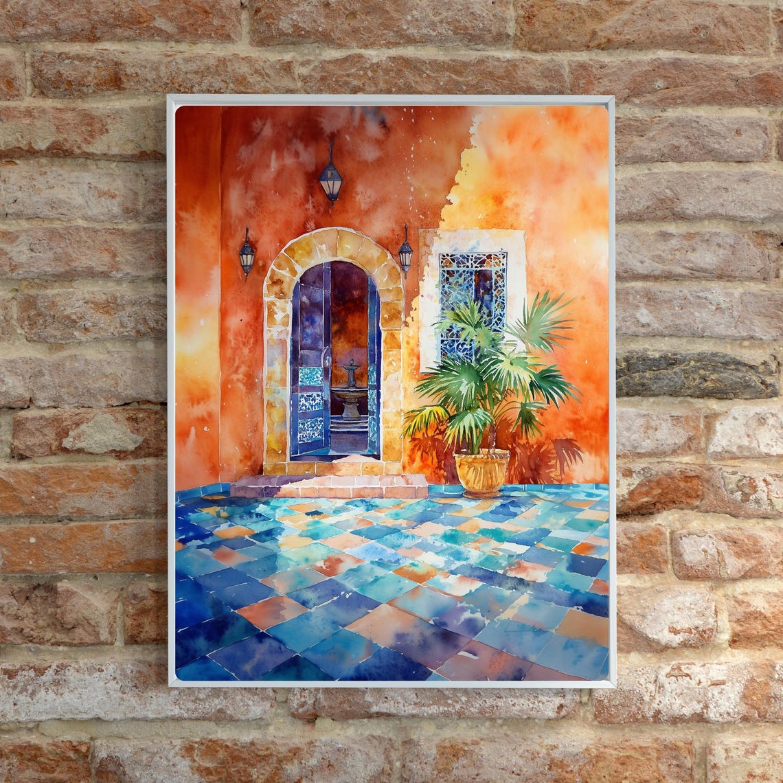 Moroccan Courtyard Terracotta Walls Blue Tiles Arched Door Poster - Image 5