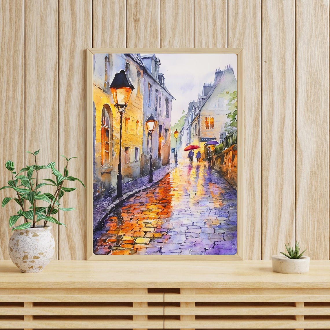 Rainy European Cobblestone Street Lamp Glow Watercolor Poster - Image 4