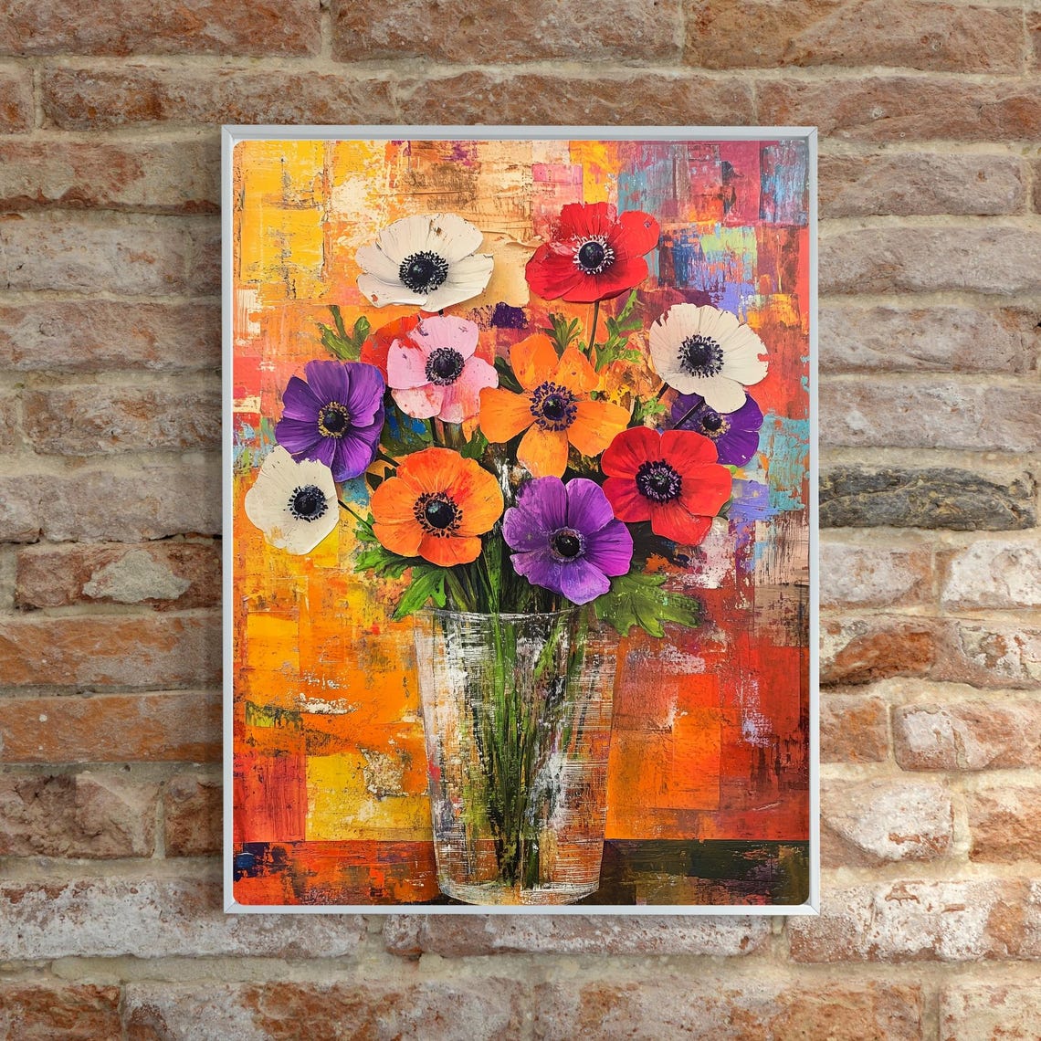 Colorful Anemone Bouquet in Glass Vase Textured Still Life Poster - Image 5