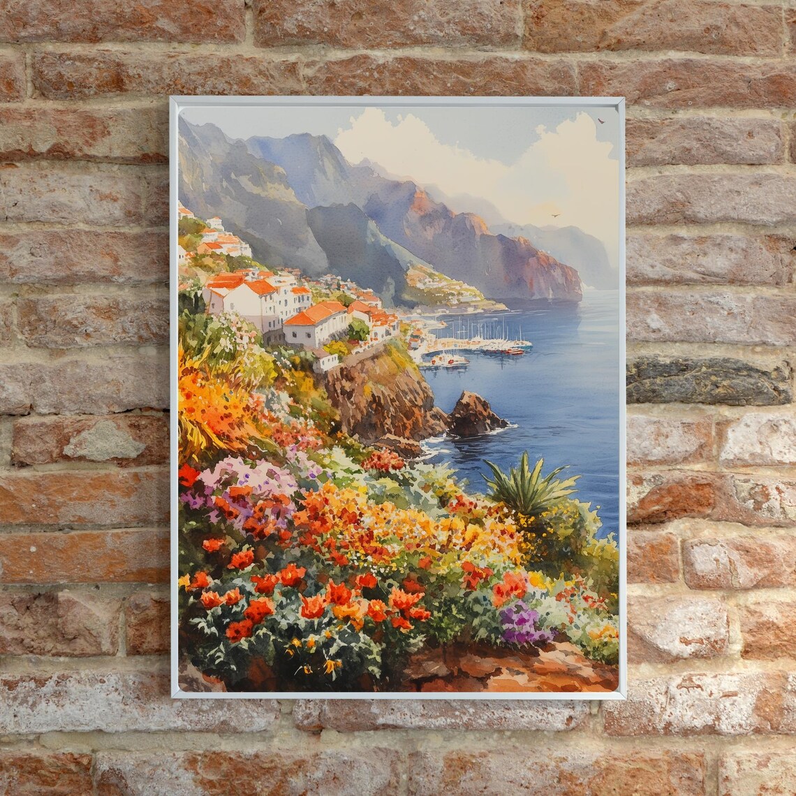 Madeira Cliffside Coastal Town Watercolor Portugal Travel Poster - Image 6