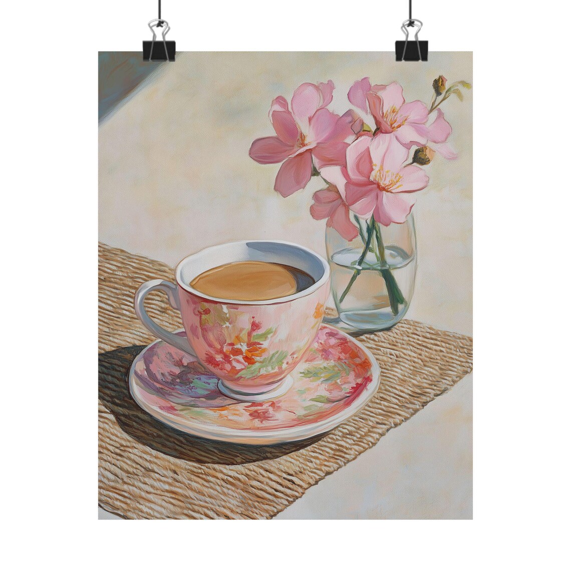 Pink Floral Teacup Blossoms Sunlit Woven Mat Painting Poster