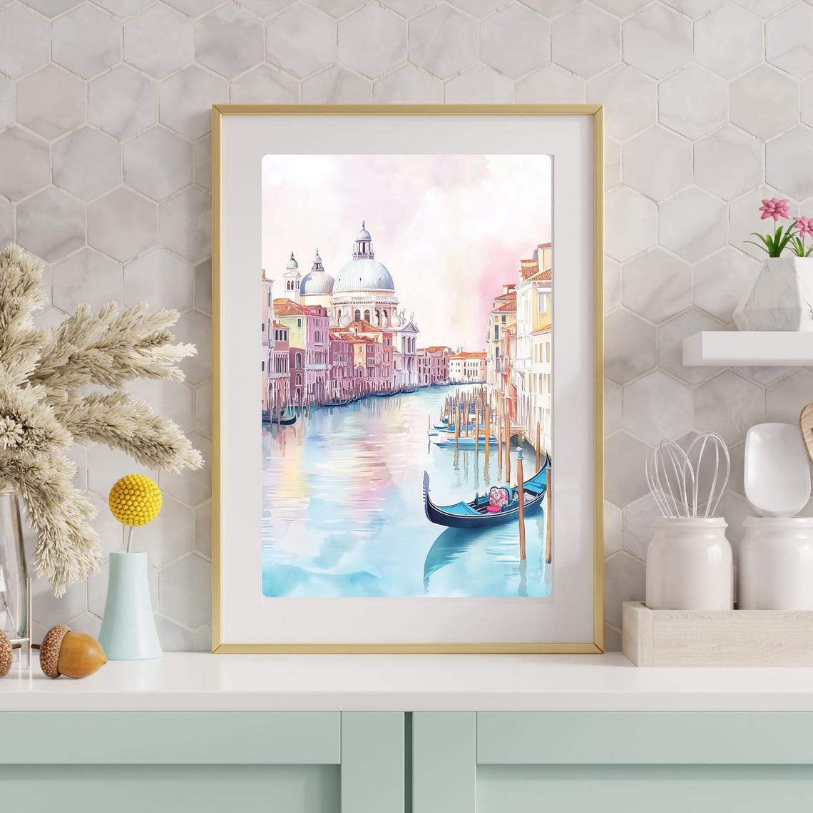 Venice Grand Canal Pastel Watercolor Gondola Scenic Cityscape Poster - Image 3