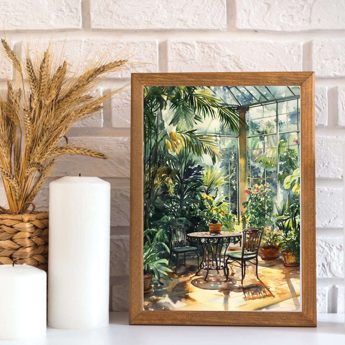 Sunlit Greenhouse Conservatory with Table Chairs Watercolor Poster - Image 3
