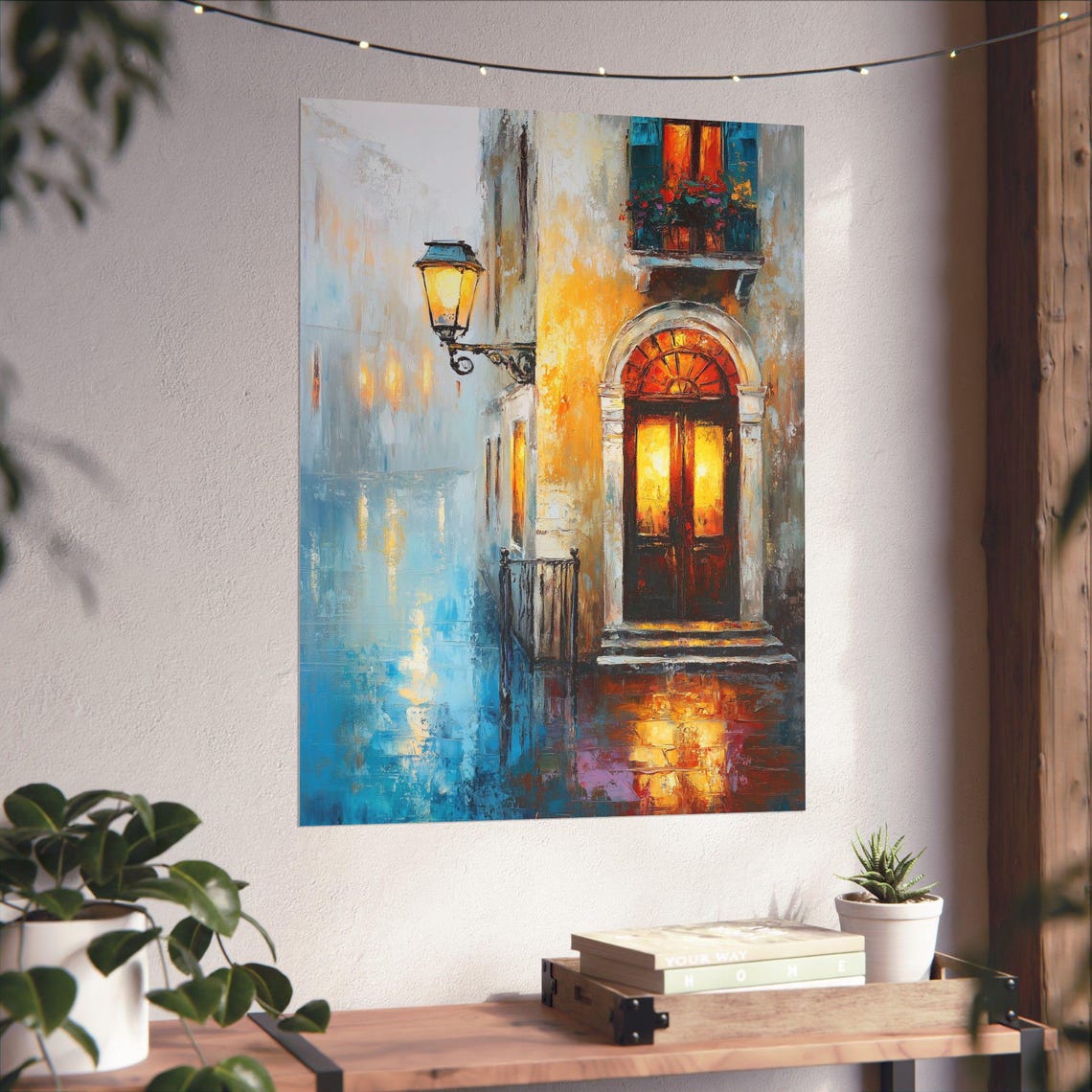 Venice Doorway Night Rain Glowing Lamp Canal Reflection Oil Poster - Image 4
