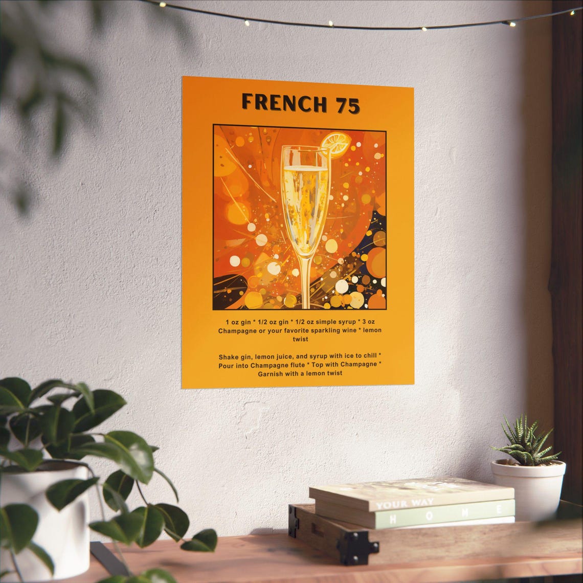 French 75 Cocktail Recipe Poster Champagne Flute Golden Decor - Image 4