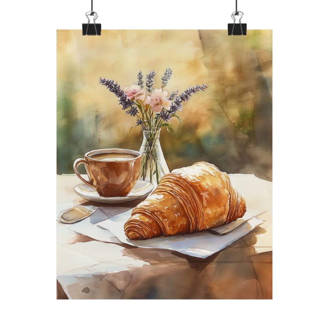Croissant and Coffee Still Life with Lavender Flowers Poster