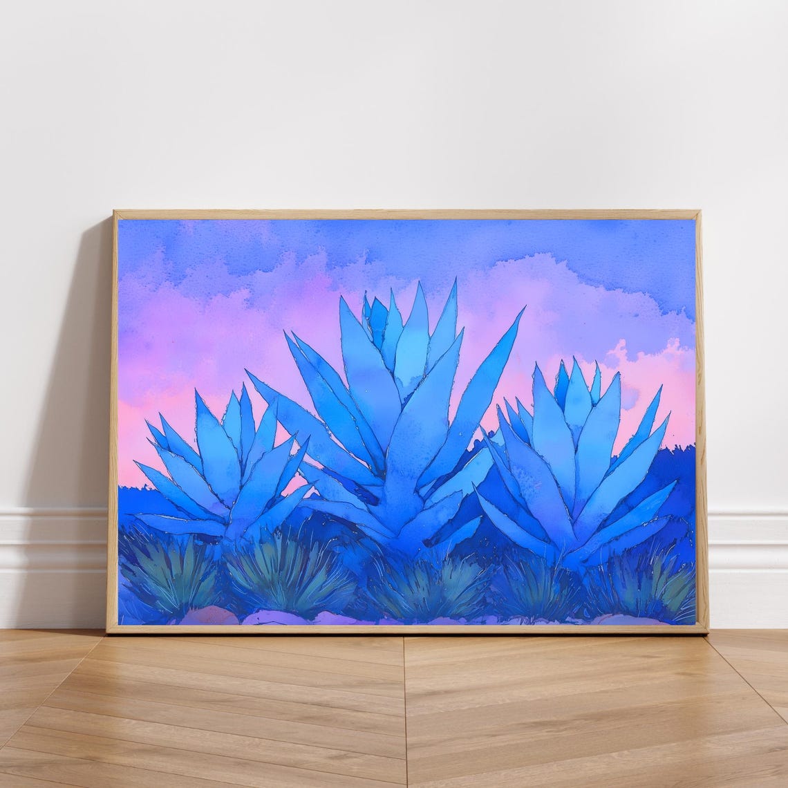 Three Blue Agave Plants Desert Sunset Pink Sky Watercolor Poster - Image 4