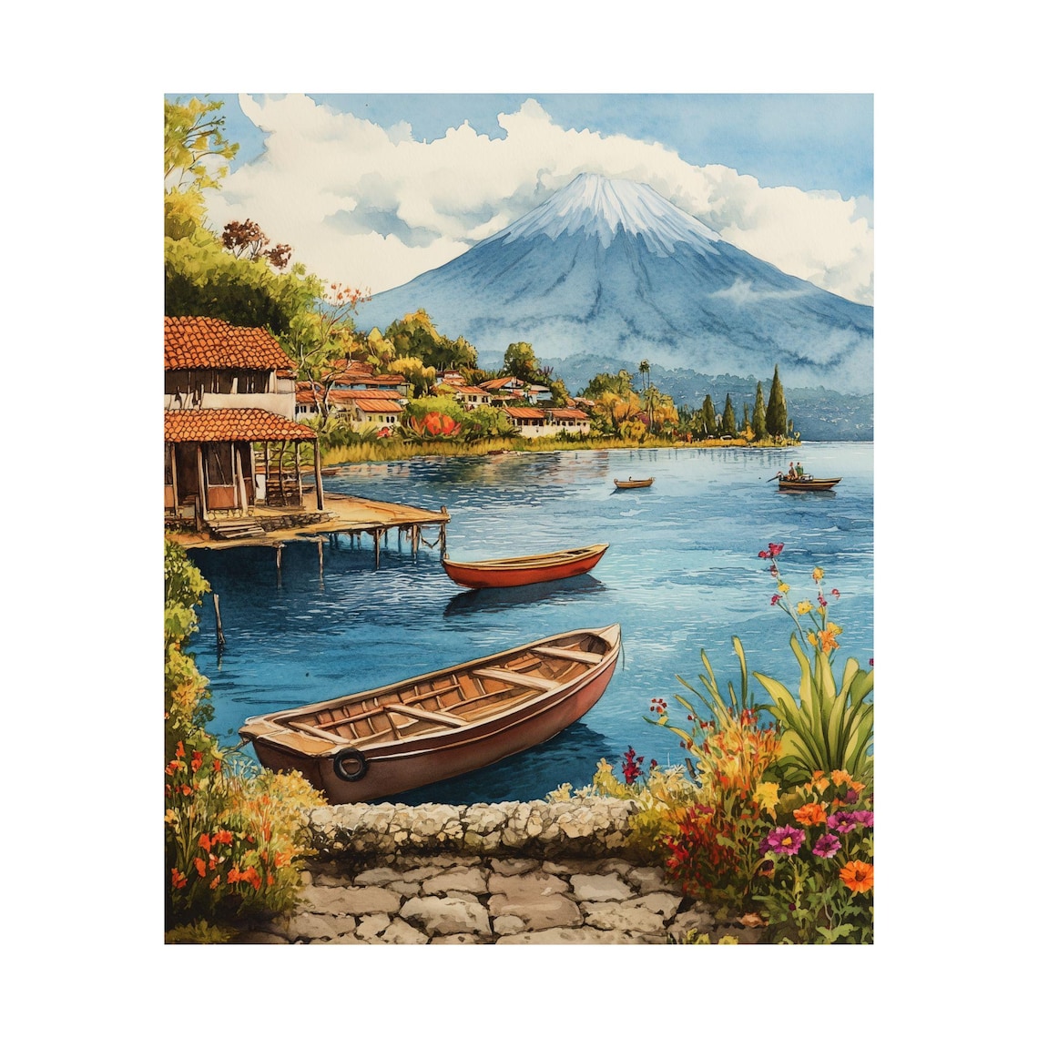 Lake Atitlan Watercolor Art Print, Guatemala Landscape - Image 5