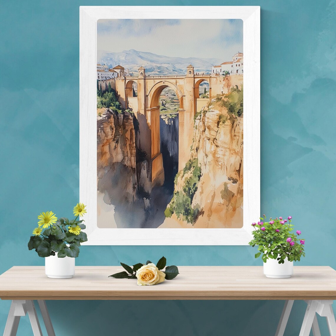Puente Nuevo Bridge Ronda Spain Canyon Watercolor Art Poster - Image 3