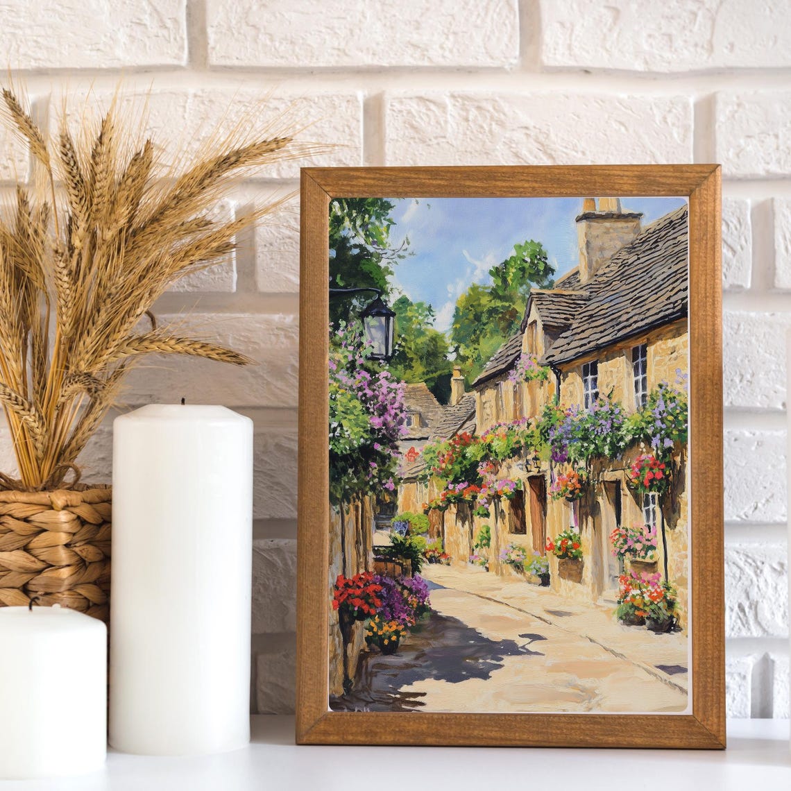 Cotswolds Stone Cottages Hanging Flower Baskets Street Poster - Image 3