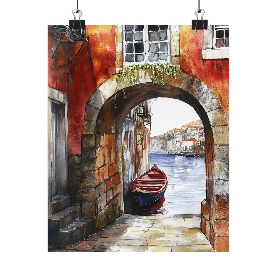 Porto Portugal Stone Arch Harbor Boats Riverside Watercolor Poster