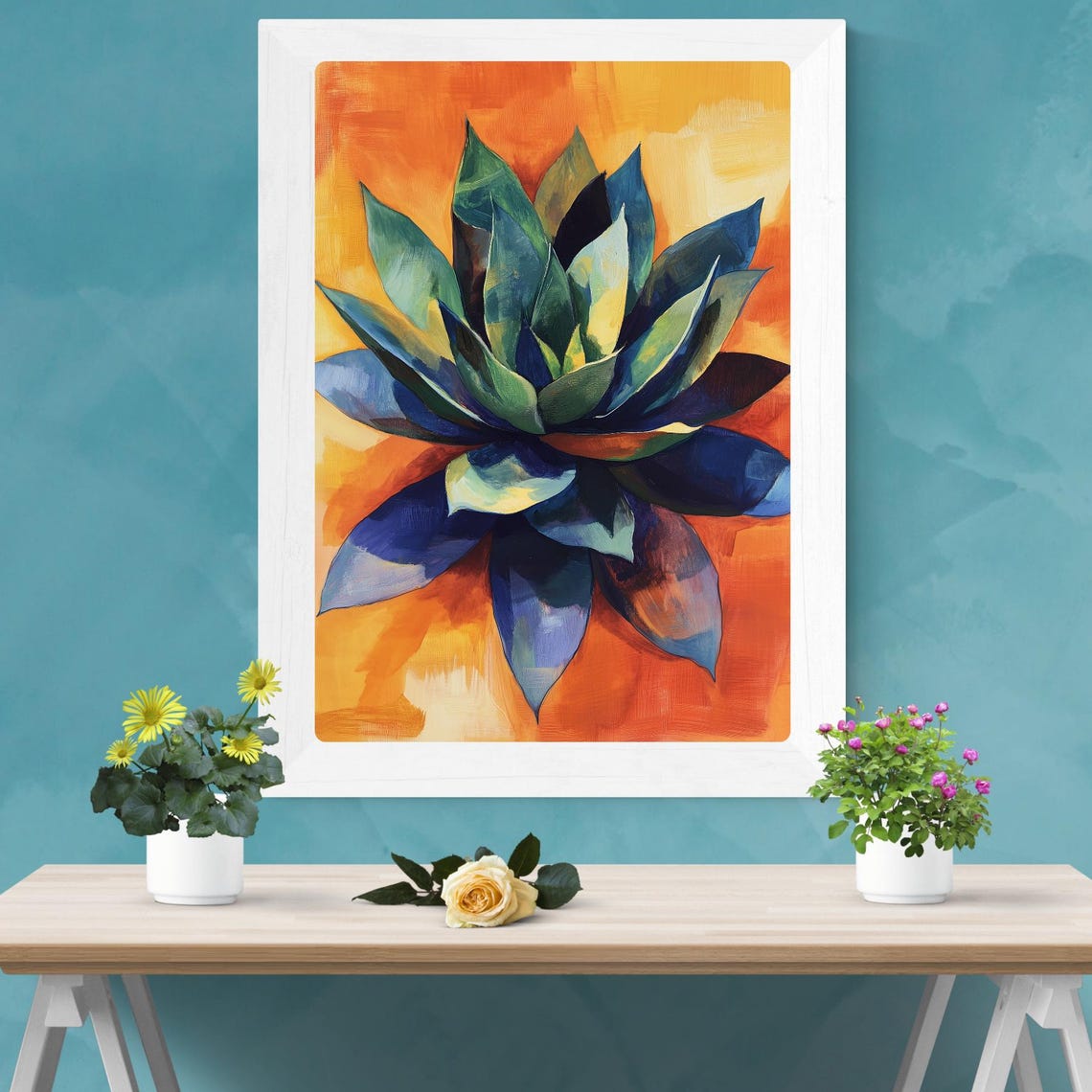 Blue Agave Oil Painting Bold Orange Background Botanical Poster - Image 2