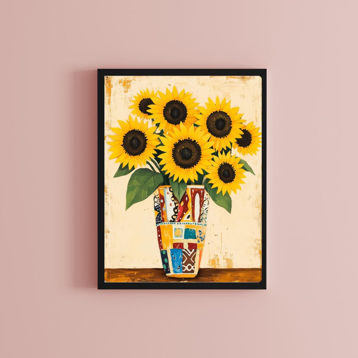 Bright Sunflowers in Patchwork Vase Cheerful Summer Floral Poster - Image 2