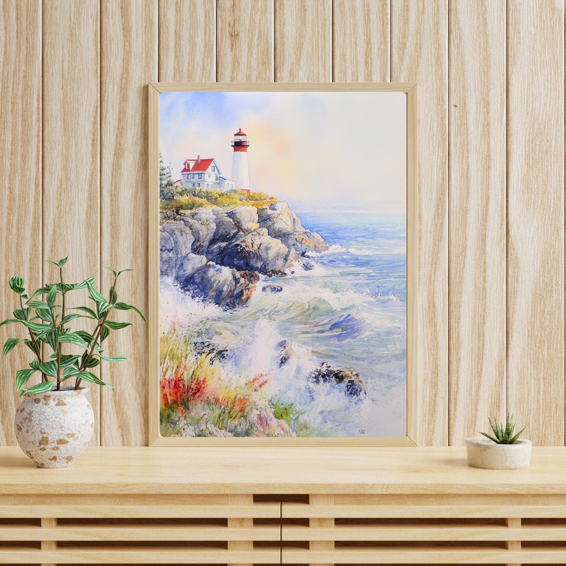 Maine Lighthouse Waves Crashing Rocky Coast Watercolor Poster - Image 4