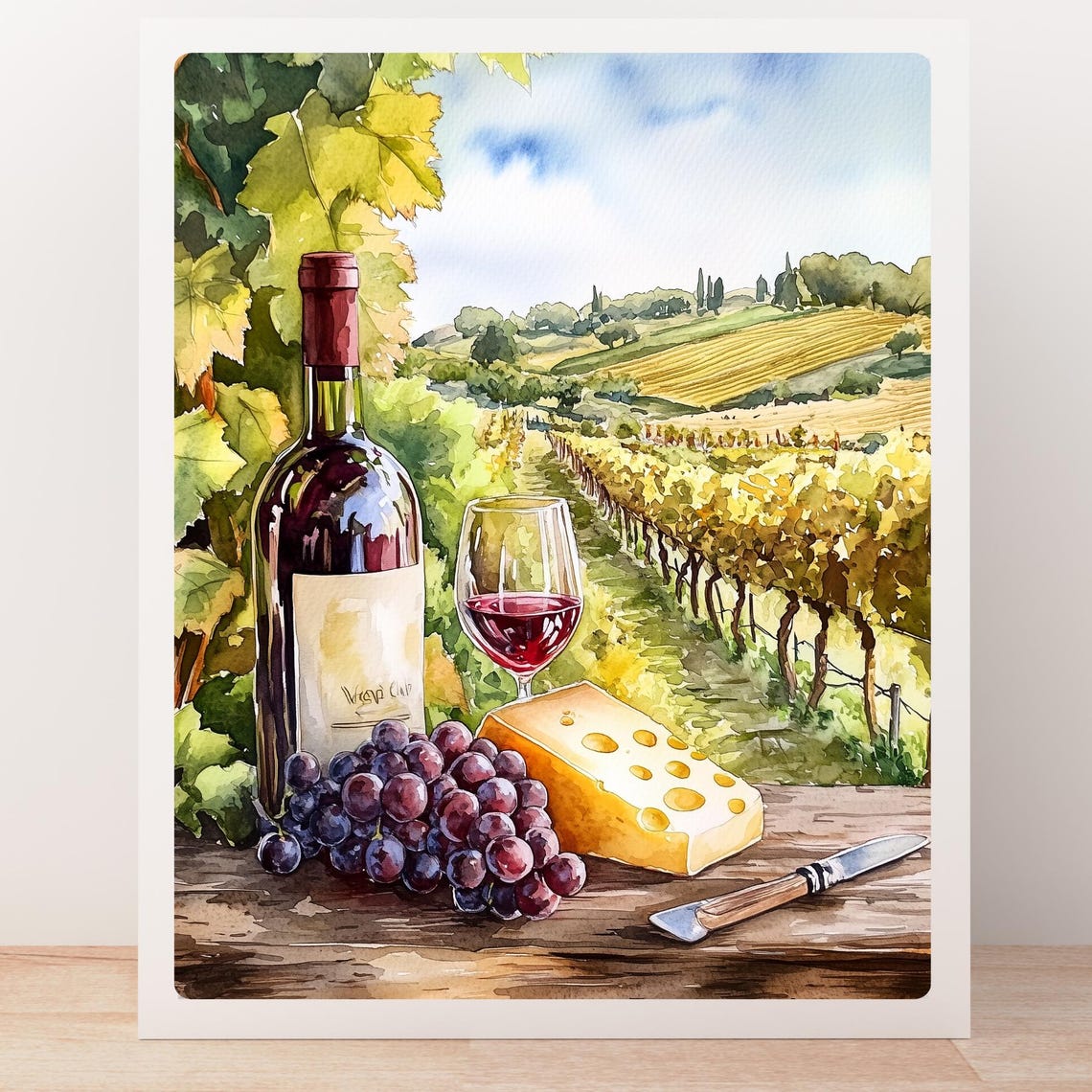 Vineyard Wine Bottle Cheese Grapes Still Life Watercolor Poster - Image 5