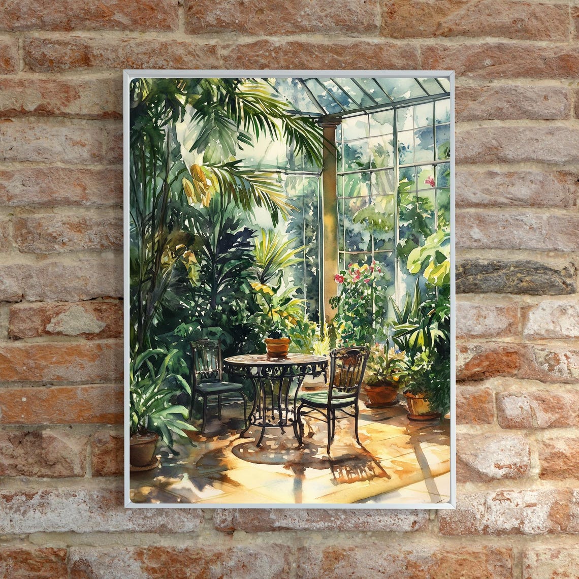 Sunlit Greenhouse Conservatory with Table Chairs Watercolor Poster - Image 6